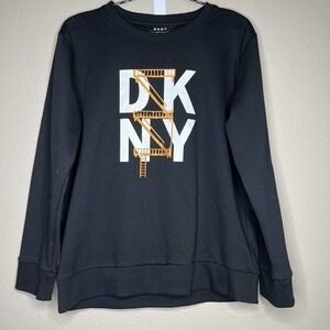 DKNY Black Fleece Logo Long Sleeve Crew Neck Sweatshirt Size S